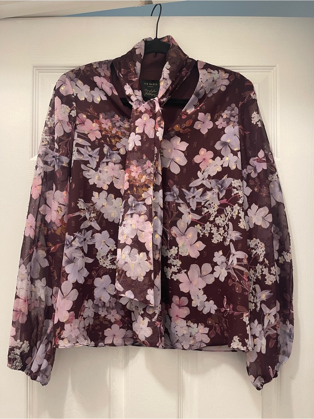 Ted Baker Daniica Floral Silk Blend Tie-Neck Blouse Size 2 US 6